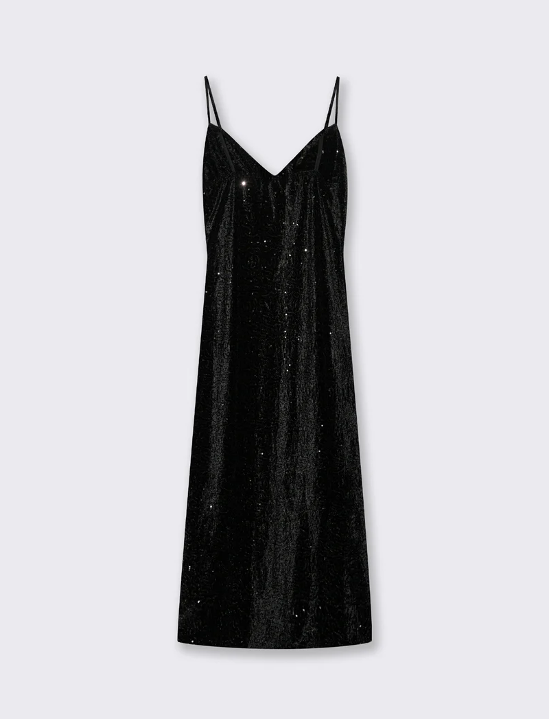 Vestito lungo in paillettes con bretelline - Nero