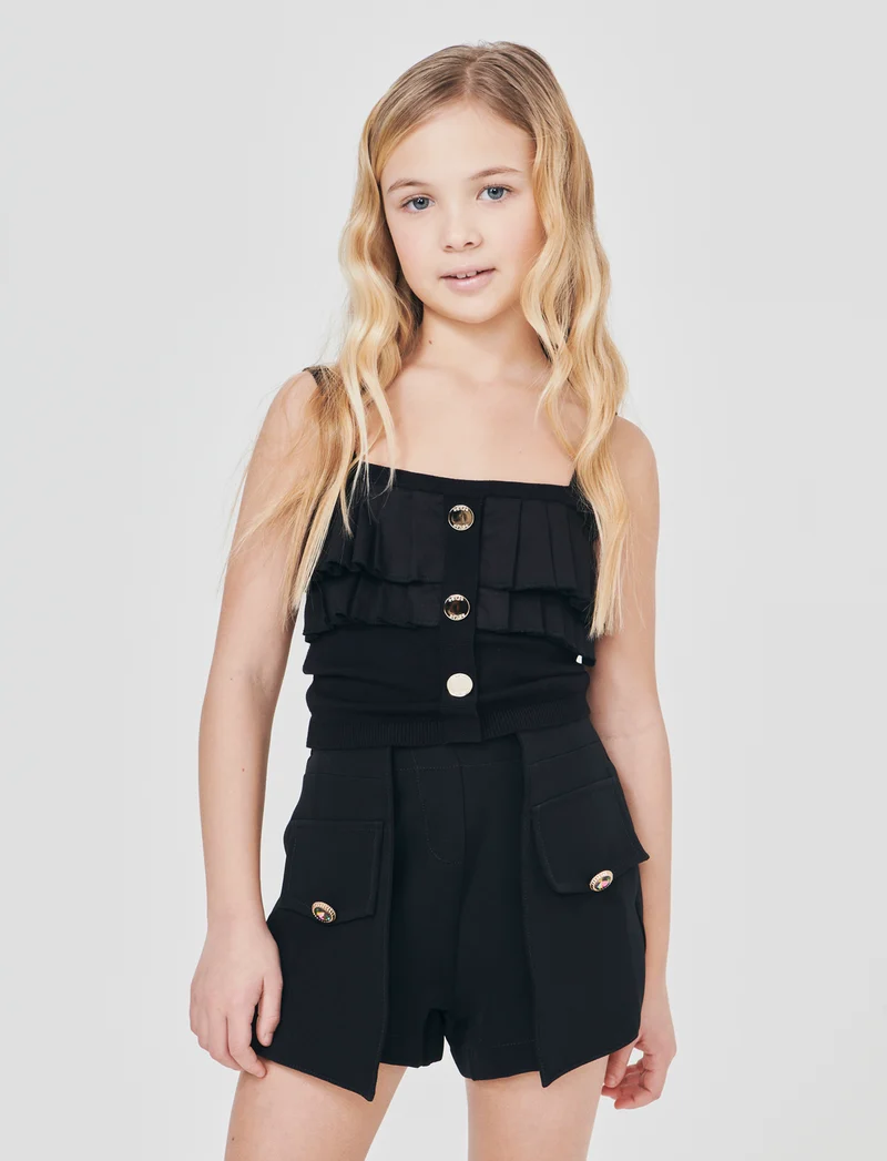 Top elegante in maglia con balze e bottoni - Nero