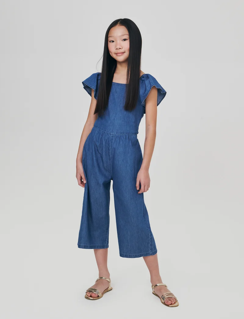 Salopette lunga in chambray con rouches - DENIM SCURO
