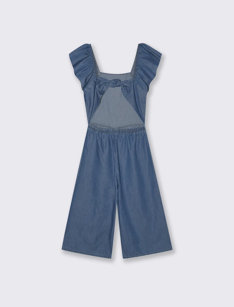 Salopette lunga in chambray con rouches - DENIM SCURO