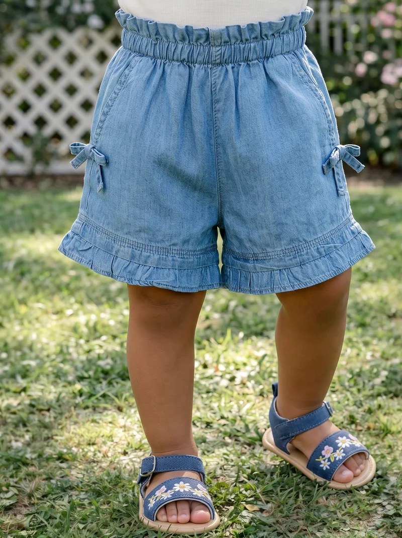 Shorts in chambray con fiocchetti e rouche - Denim
