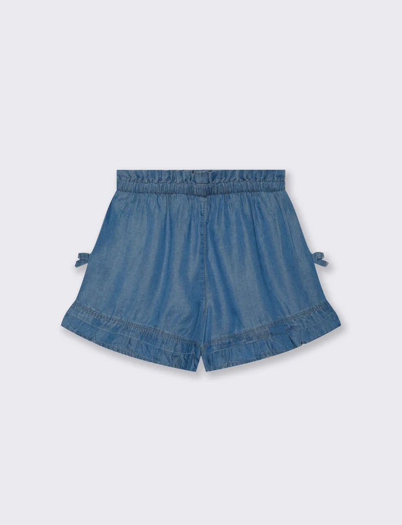 Shorts in chambray con fiocchetti e rouche - Denim