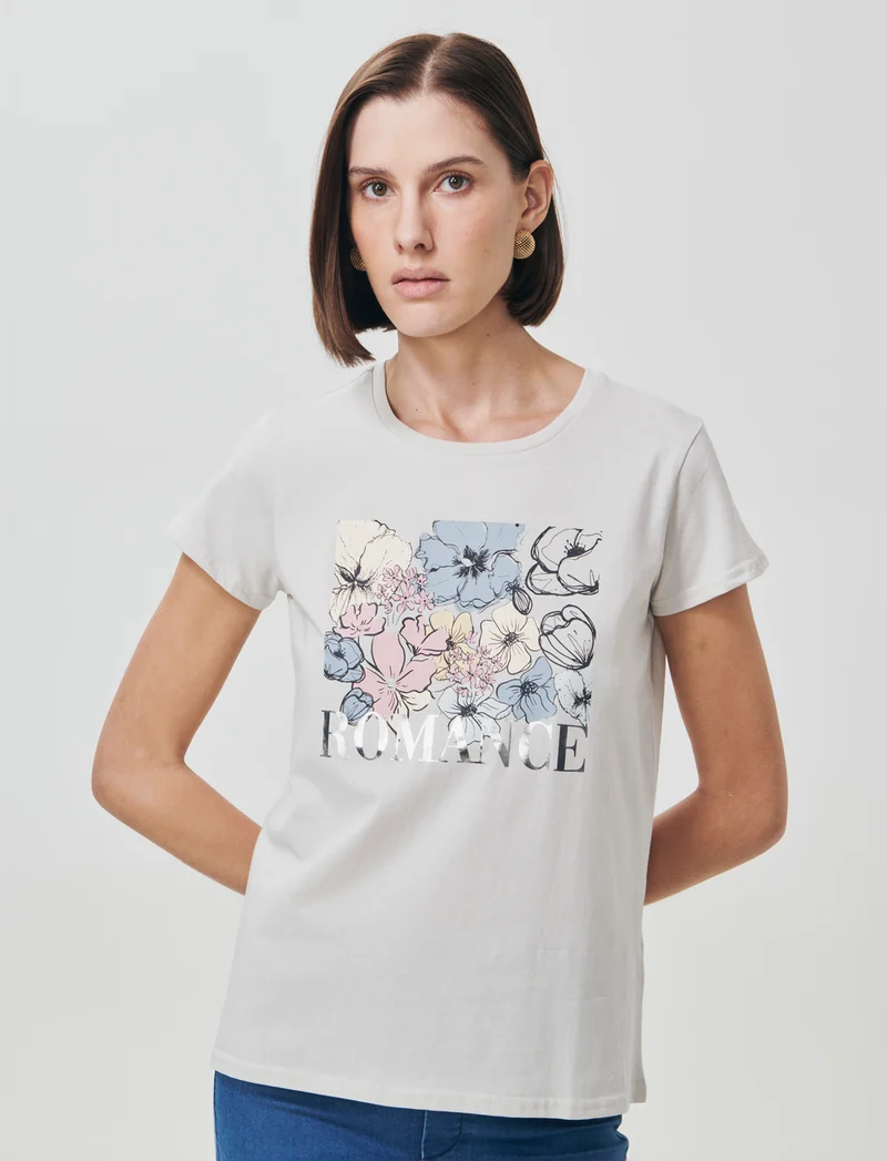T-Shirt Manica Corta con Stampa - Sabbia