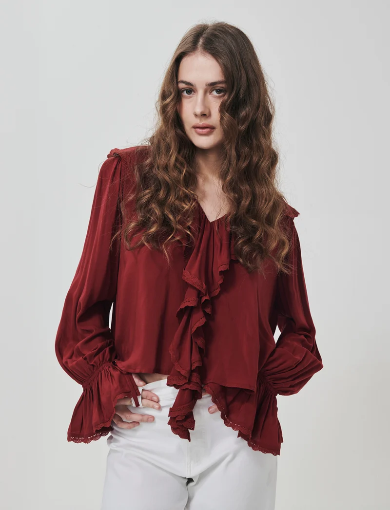 Blusa con rouches e scollo a V - Rosso india
