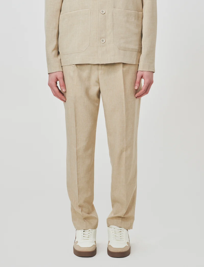 Pantaloni effetto lino con vita elastica - Beige