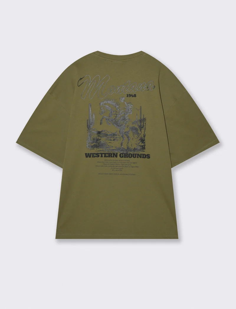 T-shirt girocollo con stampe - Verde oliva