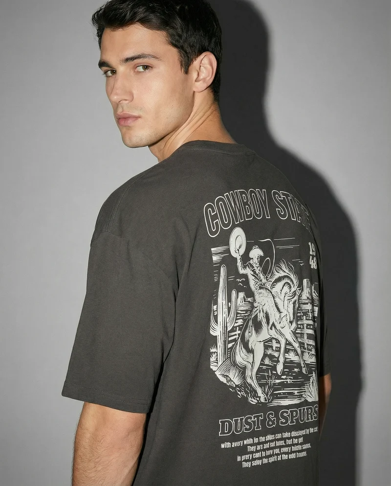 T-shirt girocollo con stampe - Grigio piombo