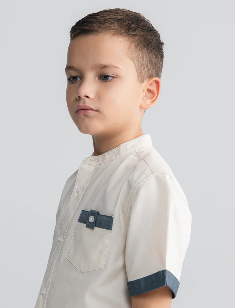 Camicia coreana mezza manica in cotone - Beige