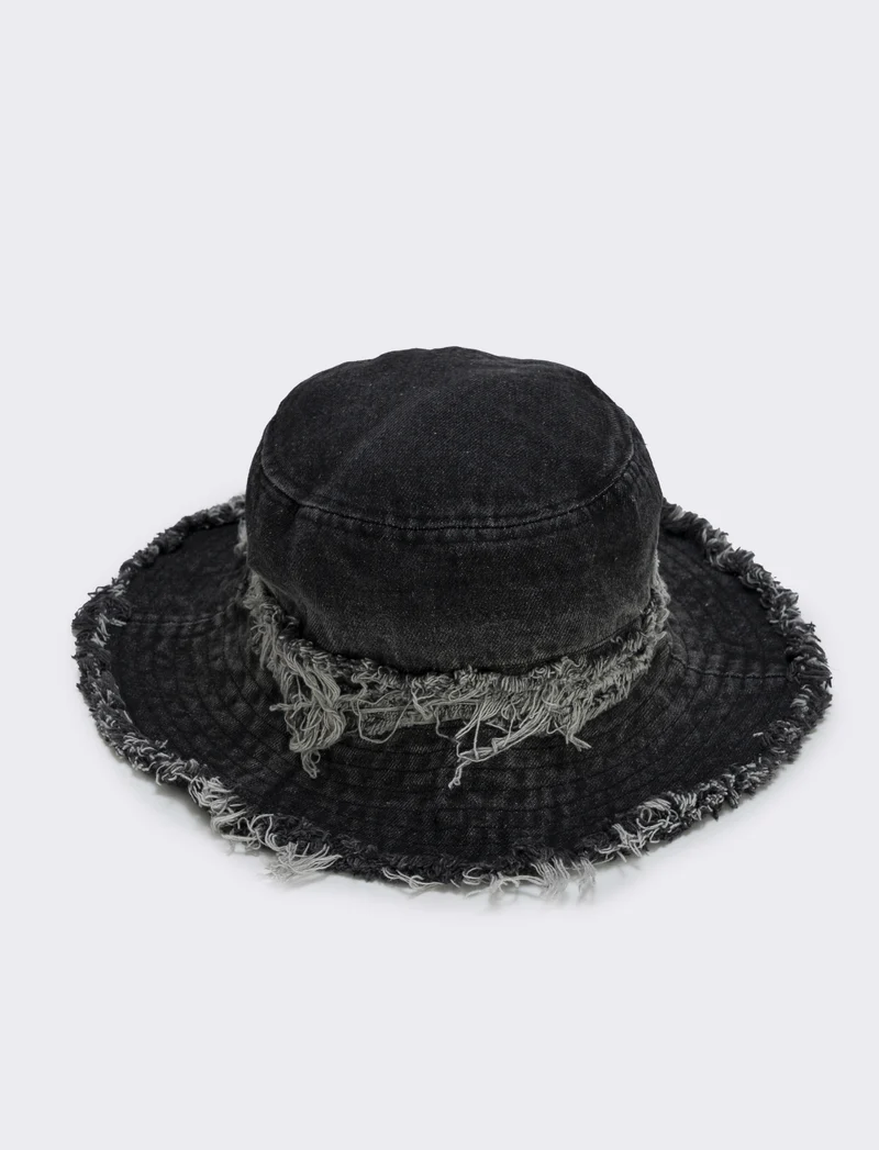 Cappello pescatore in denim sfrangiato - Nero