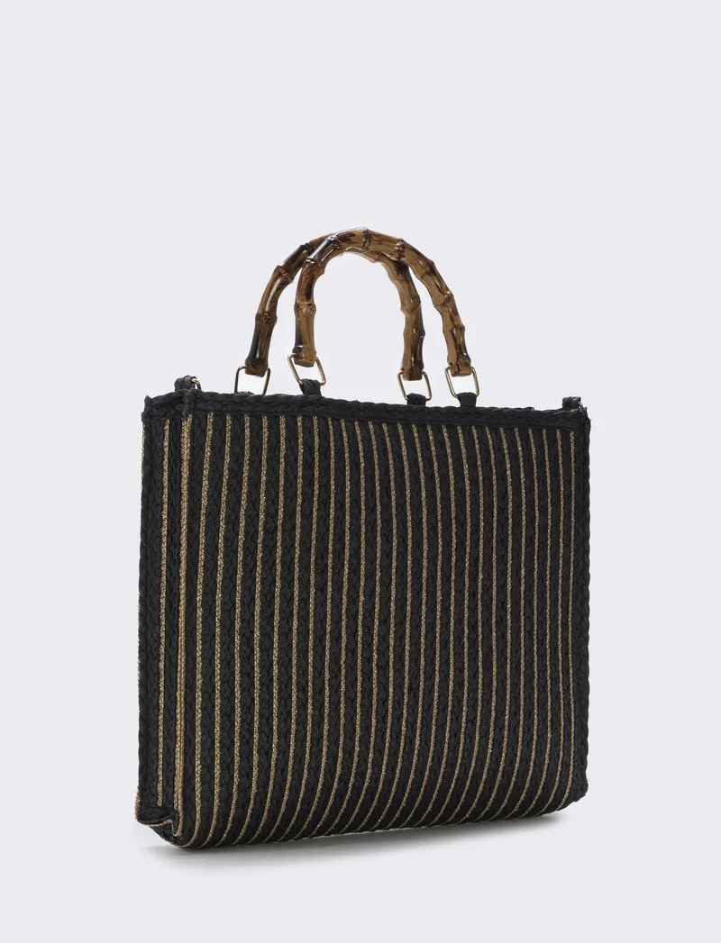 Borse in paglia lurex con manico bamboo - Nero