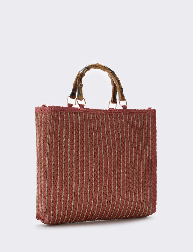 Borse in paglia lurex con manico bamboo - Arancio