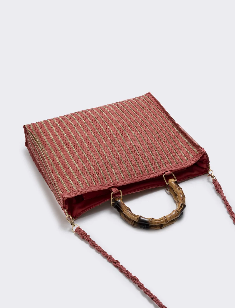 Borse in paglia lurex con manico bamboo - Arancio