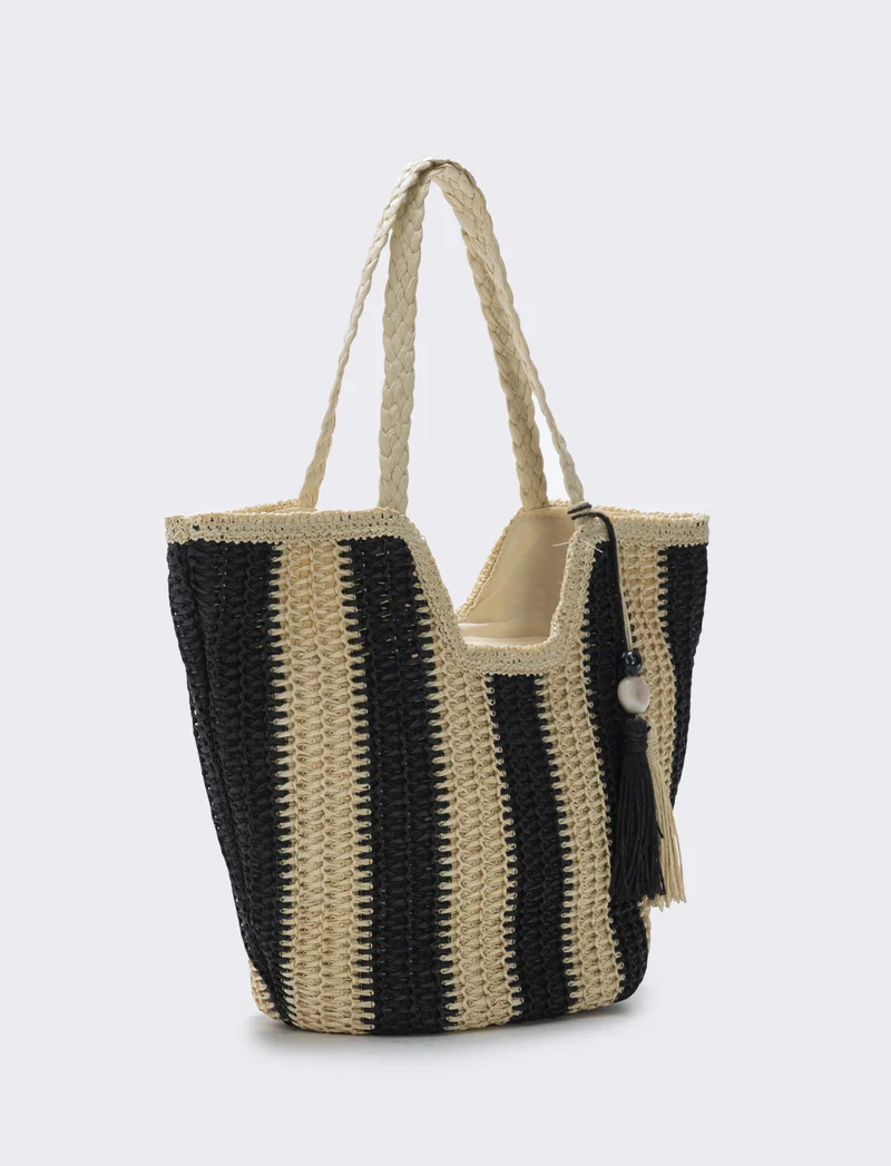 Borsa shopper in paglia a righe - Nero