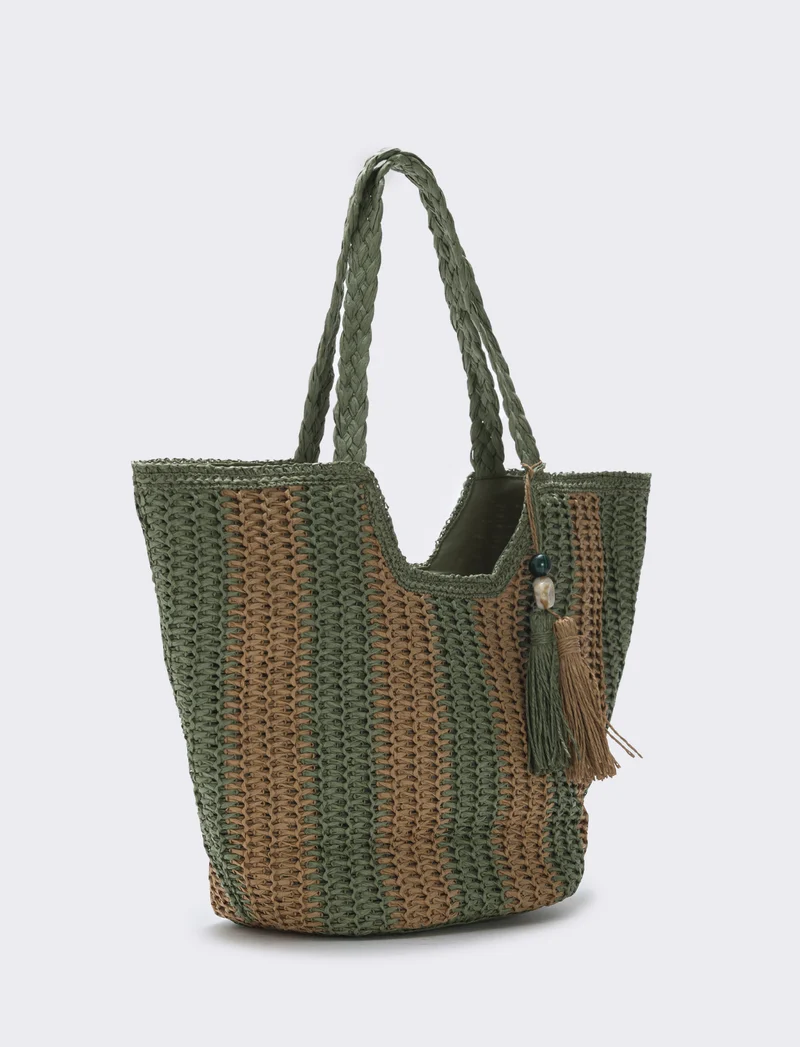 Borsa shopper in paglia a righe - Verde