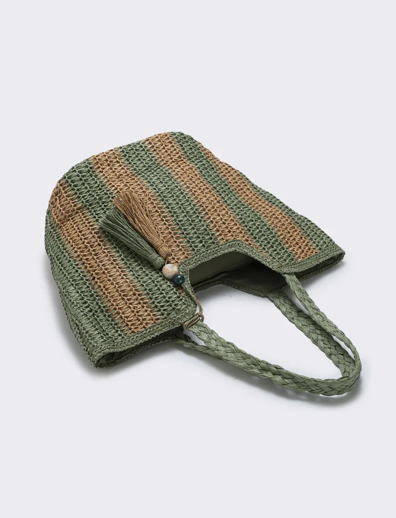 Borsa shopper in paglia a righe - Verde