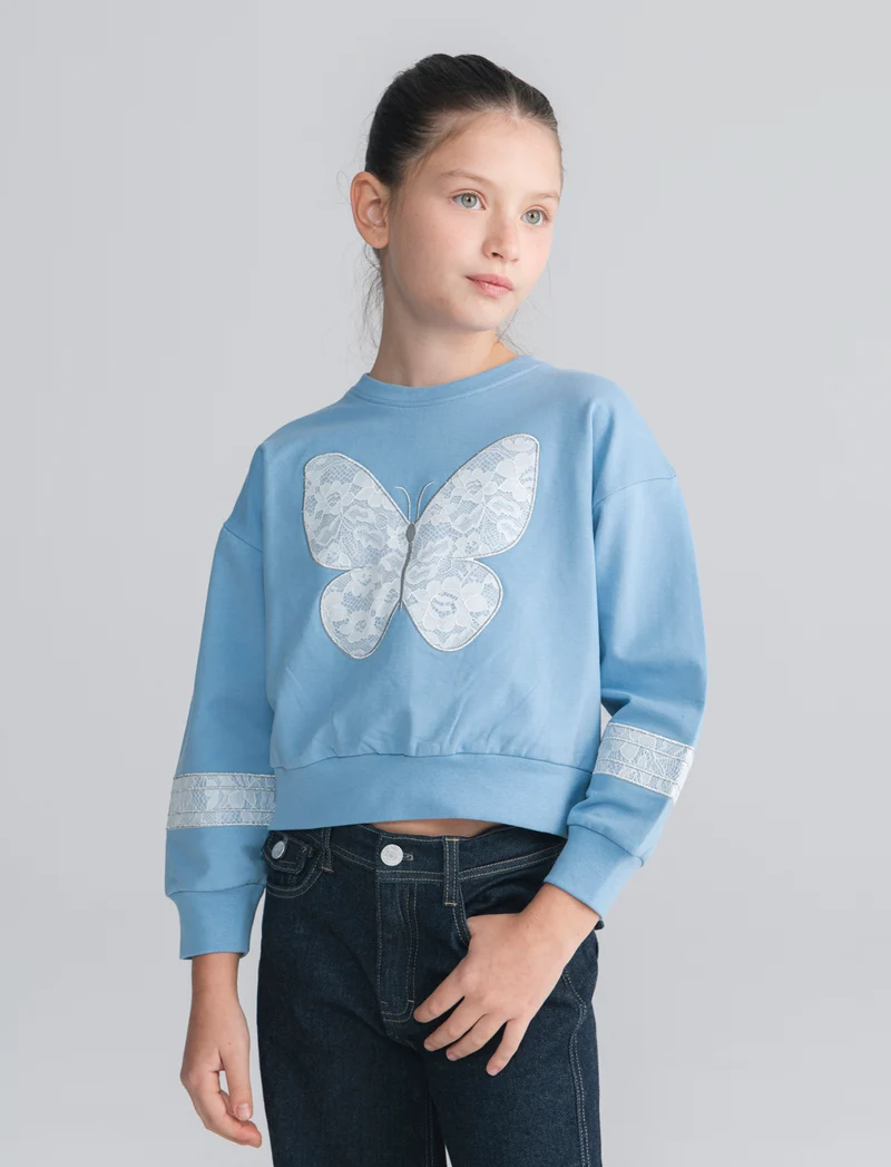 Felpa girocollo con pizzo elegante - Azzurro