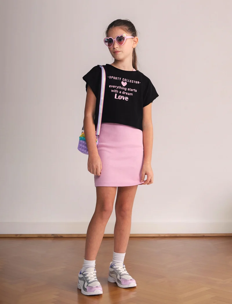 Set 2 pezzi: abito in rib e t-shirt cropped - Rosa