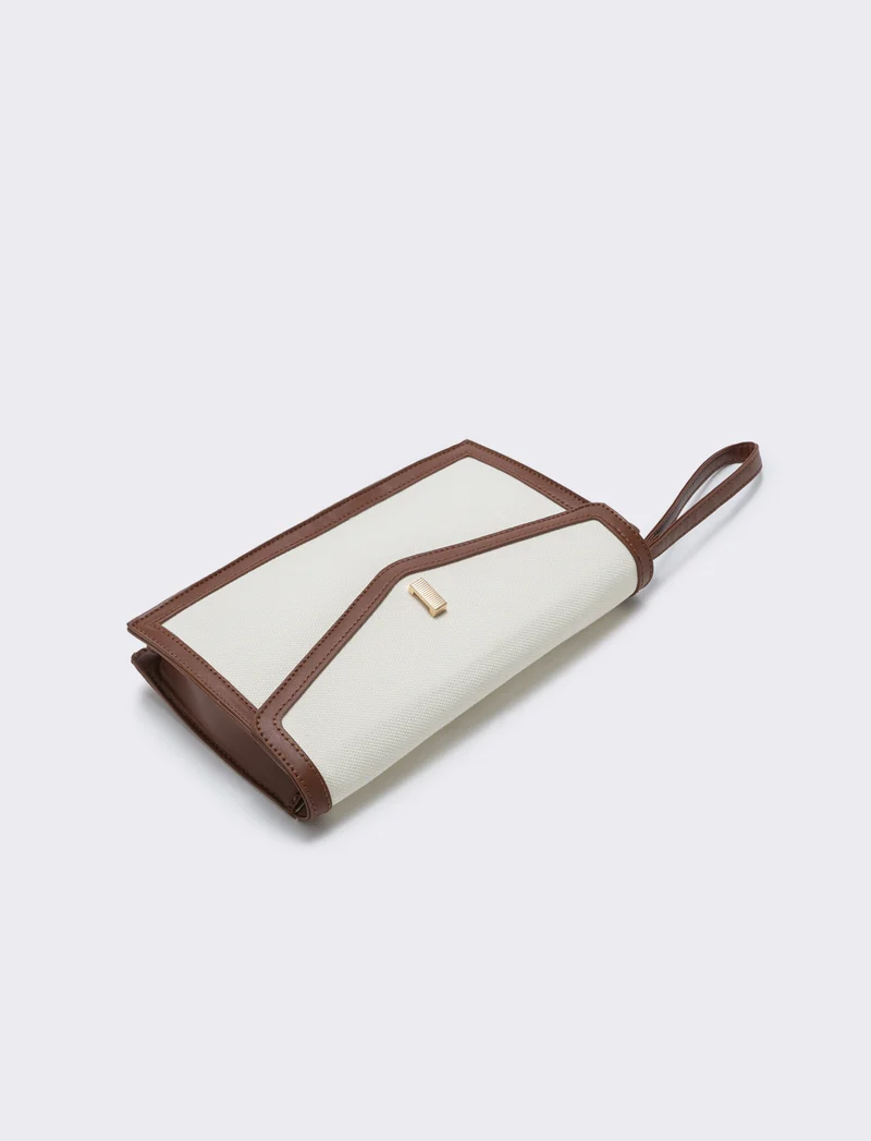 Borsa pochette in tela con maniglia - Bianco sporco