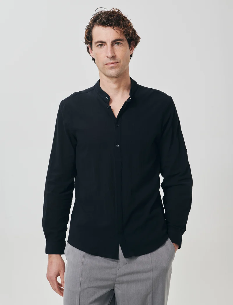 Camicia coreana effetto crepe in cotone - Nero