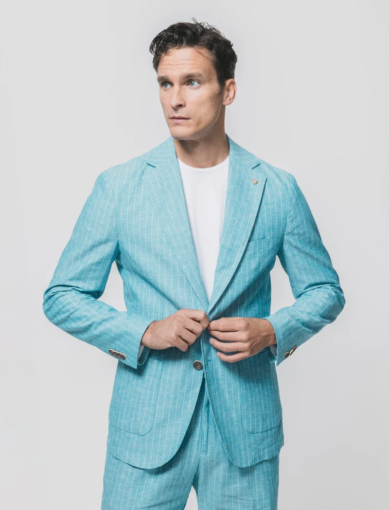 Blazer formal fit in linen blend a righe - Verde petrolio