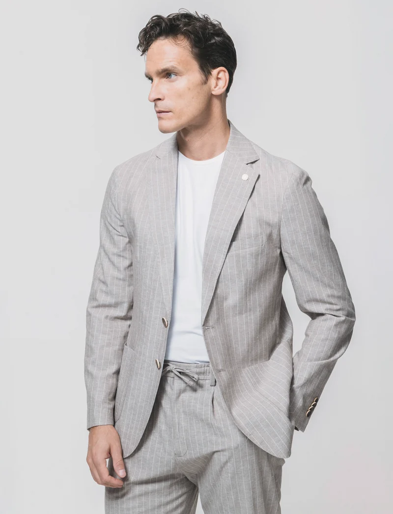 Blazer formal fit in linen blend a righe - Beige