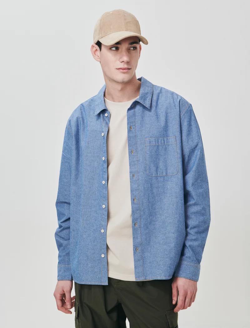 Camicia cropped in puro cotone melange - Azzurro