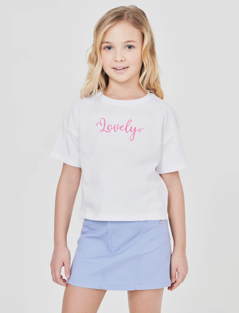 T-shirt mezza manica in cotone con ricamo - Bianco