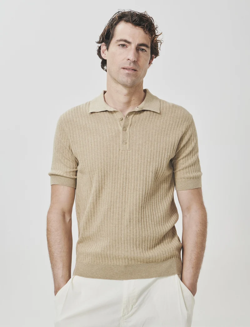Polo in Maglia di Cotone a Coste - Beige