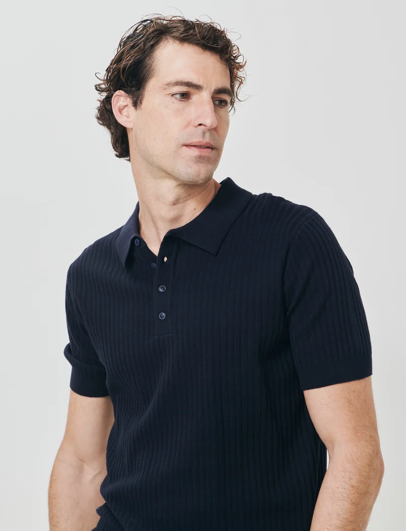 Polo in Maglia di Cotone a Coste - Blu