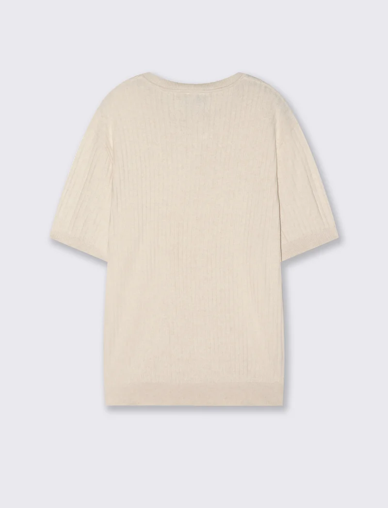 T-shirt girocollo in maglia a coste - Beige ecru