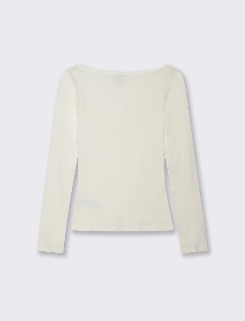 T-shirt con pizzo e scollo a V lungo - Avorio