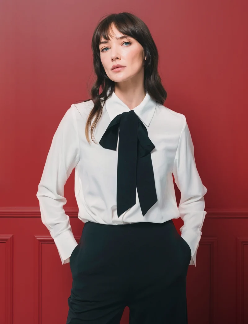 Camicia con fusciacca al collo e maniche lunghe - Bianco