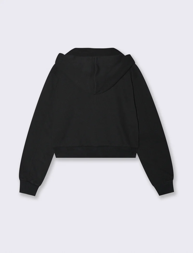 Felpa Crop con Cappuccio e Zip Frontale - Nero