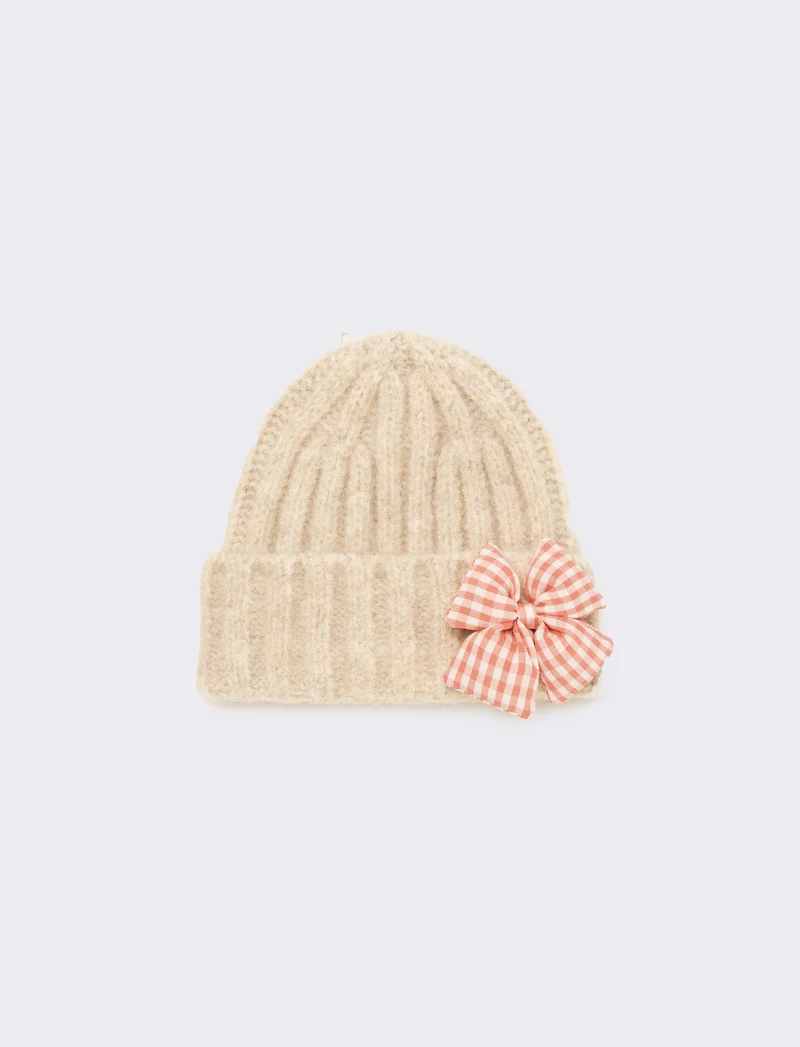 Set cappello e sciarpa con fiocco vichy - Bianco panna