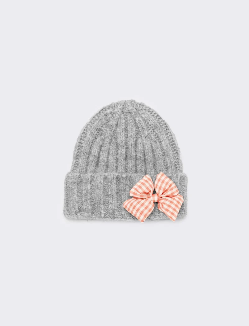 Set cappello e sciarpa con fiocco vichy - Grigio