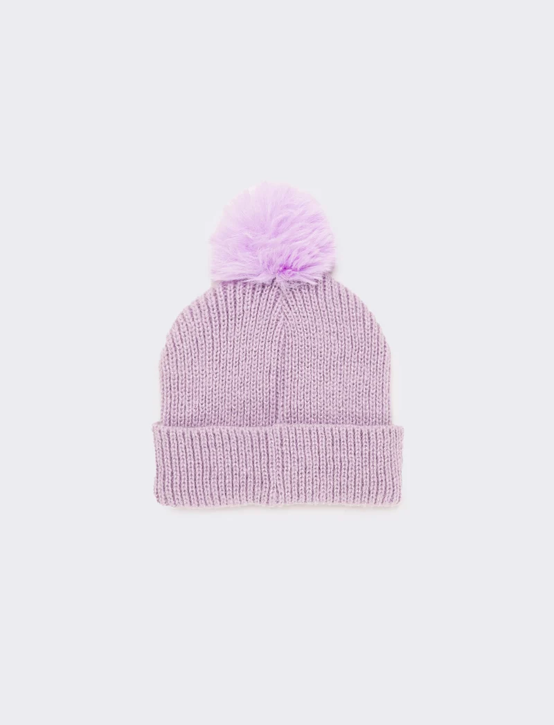 Cappello con risvolto con unicorno e pon pon - Lilla
