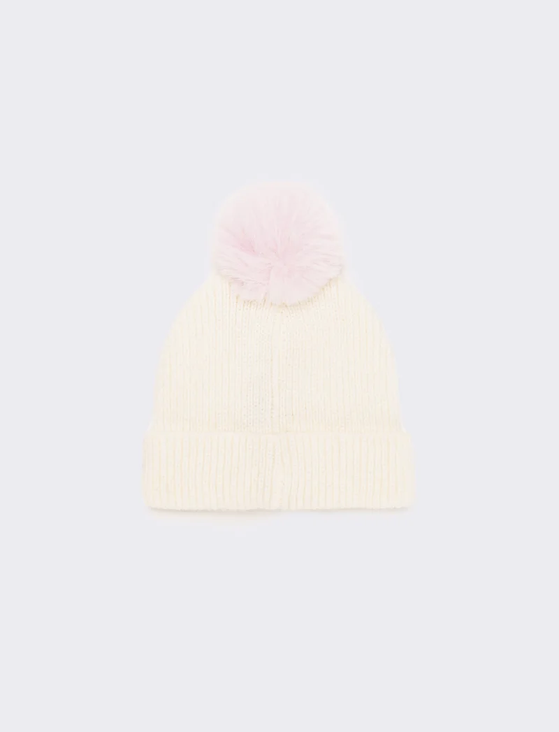 Cappello con risvolto con unicorno e pon pon - Bianco sporco