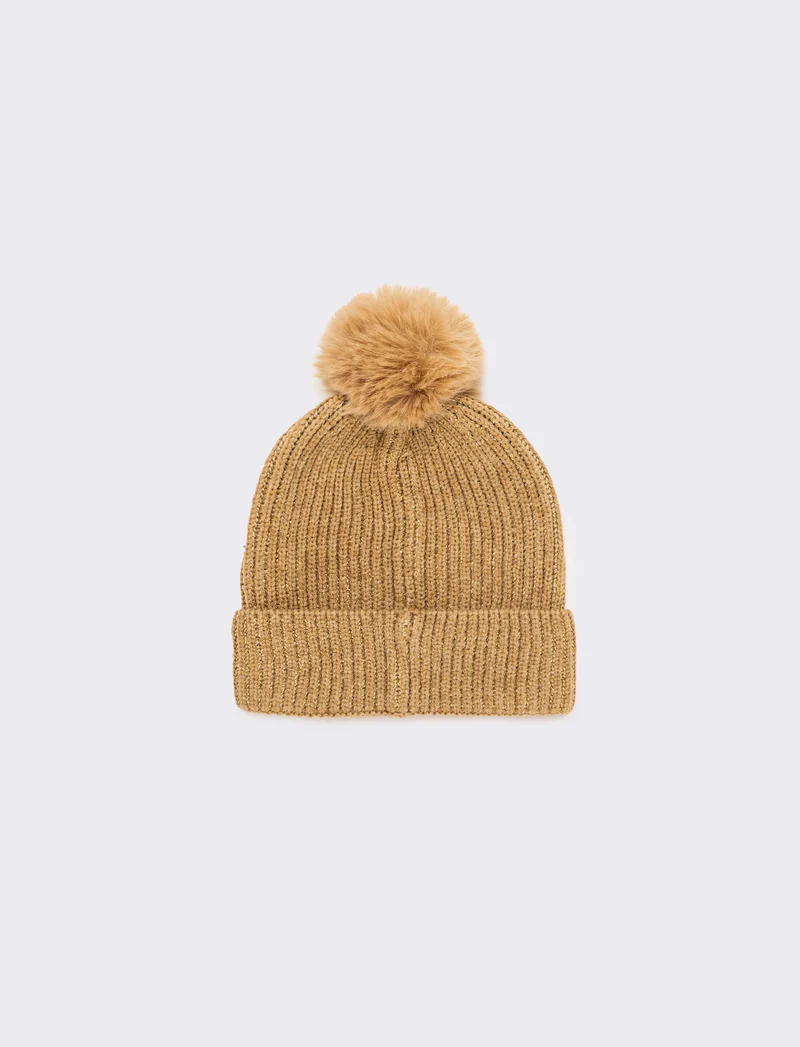 Cappello con pon pon a cuore glitter - Beige