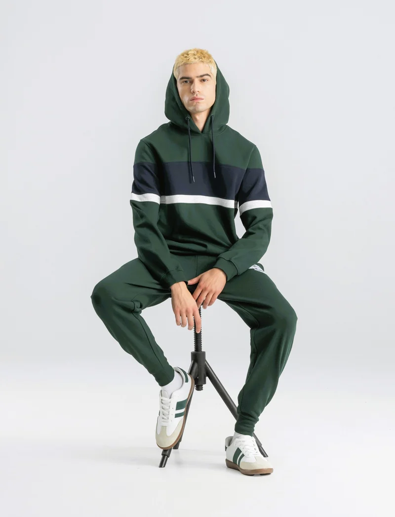 FELPA CON CAPPUCCIO FASCIA CONTRASTO - Verde scuro