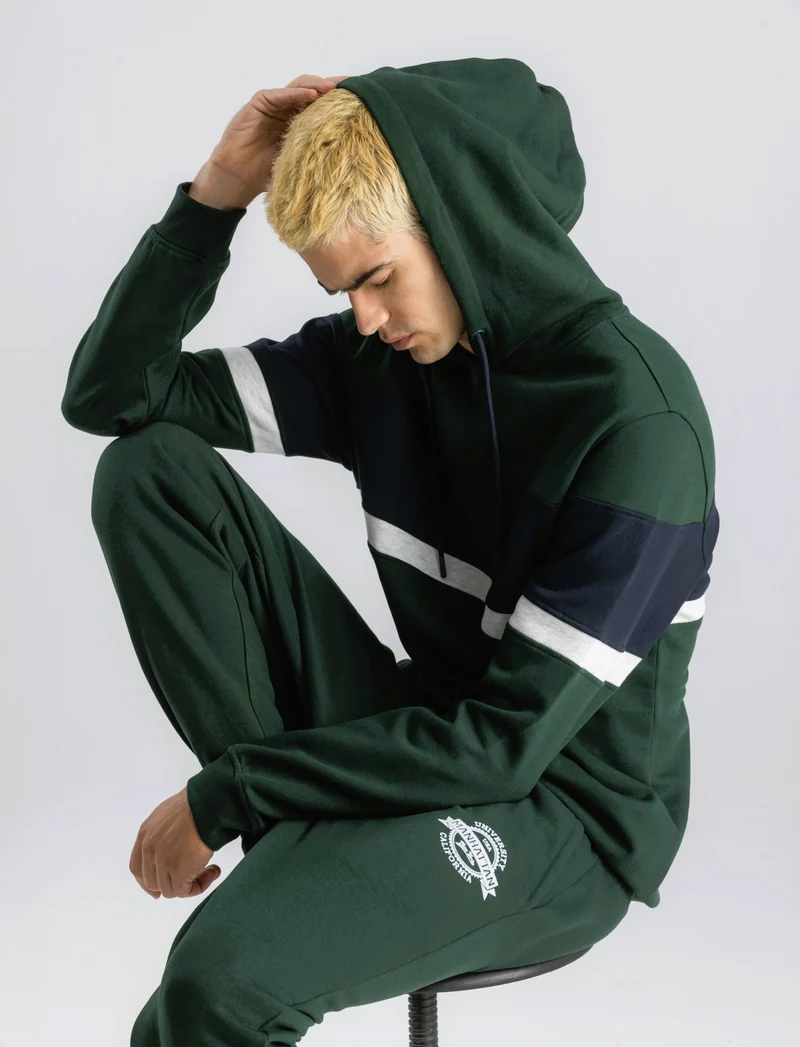 FELPA CON CAPPUCCIO FASCIA CONTRASTO - Verde scuro