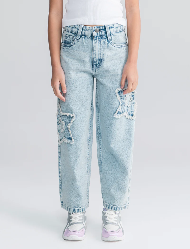 Jeans gamba larga con patch stella glamour - Denim