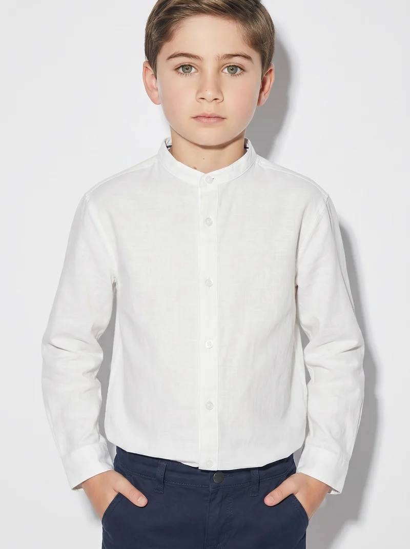 Camicia manica lunga con collo coreano - Bianco latte