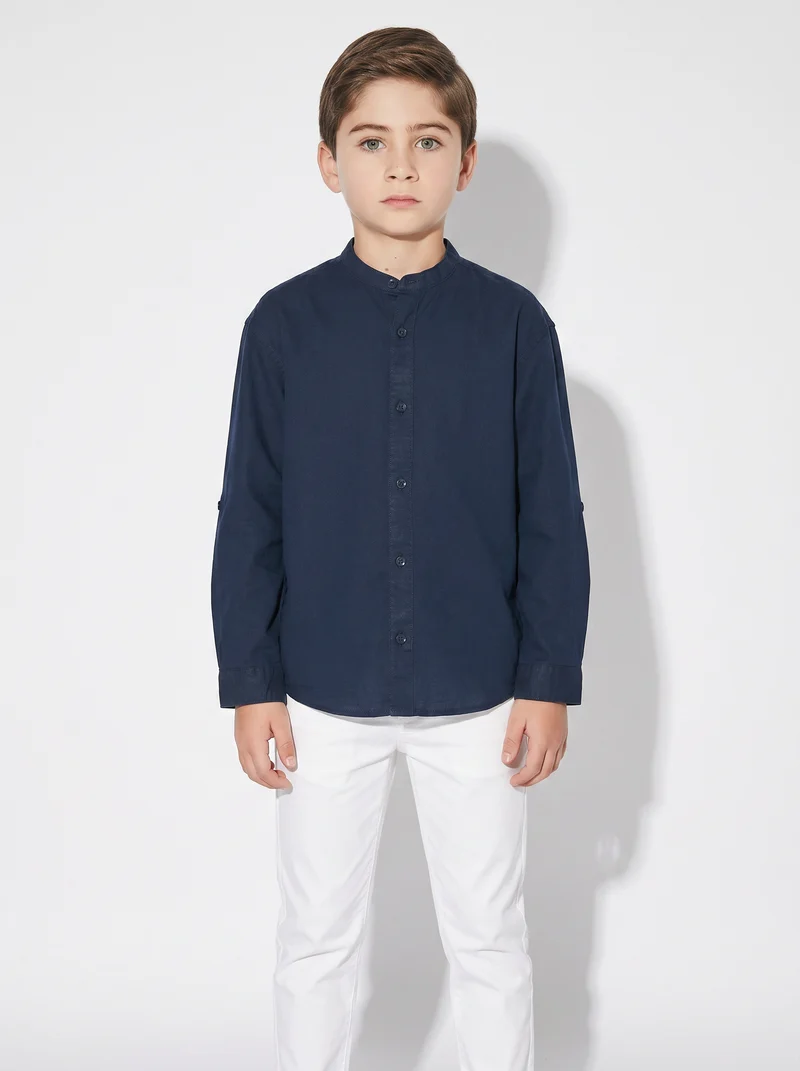 Camicia manica lunga con collo coreano - Blu