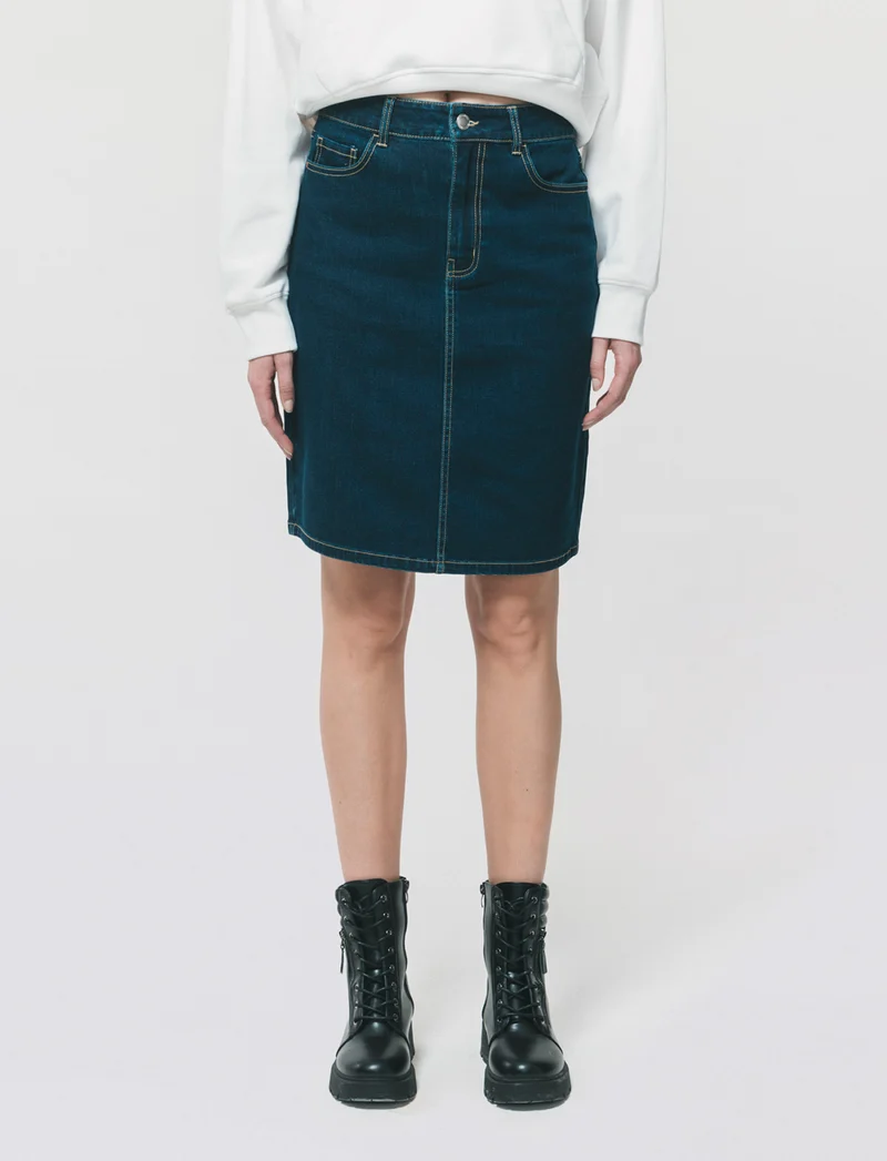 Longuette Denim con Spacco e Chiusura - Denim