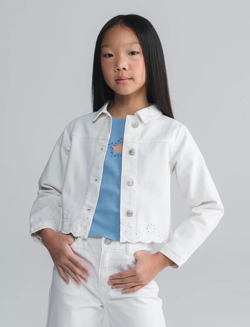 Giubbino in twill con ricamo traforato - Bianco latte