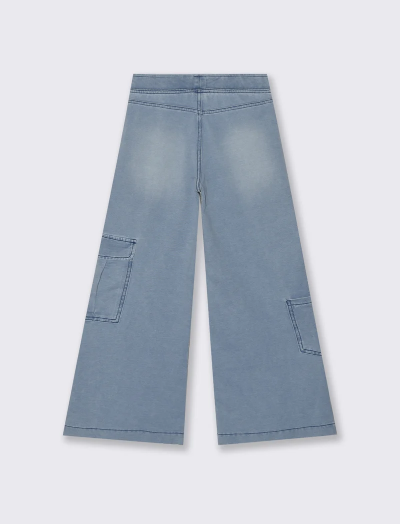 Pantaloni wide leg in finto denim elasticizzato - Denim chiaro
