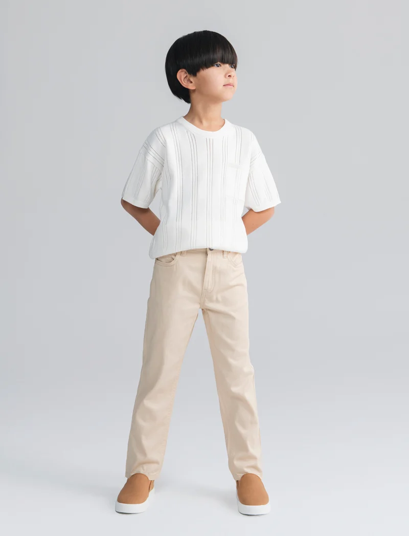 Pantaloni Regular in Cotone Elastico - Beige
