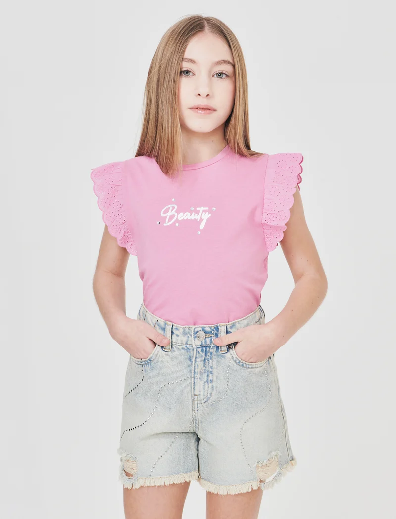 T-shirt estiva bambina con volant e strass - Rosa candy