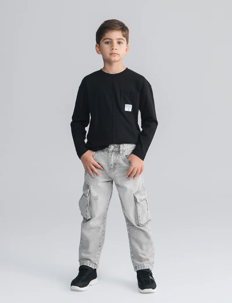 Jeans baggy in cotone con tache e vita elastica - Grigio