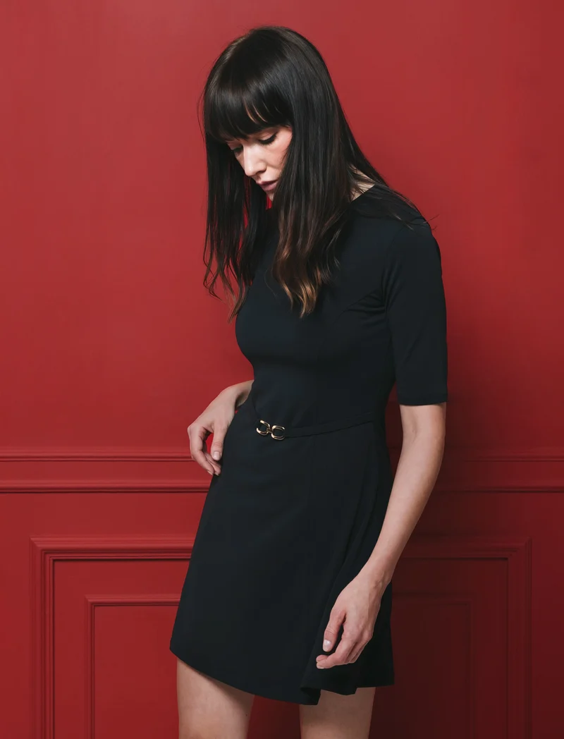 Vestito Manica Corta con Cintura - Nero